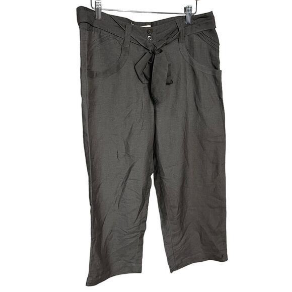 Sandro Paris Belted Linen Blend Capri Pants Wide Leg Taupe Brown Women Size 10 - Picture 5 of 5